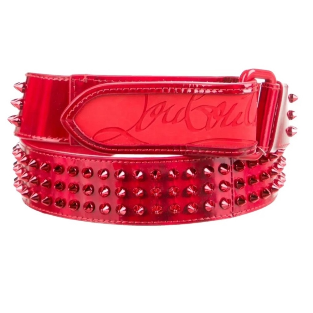 NWT Christian Louboutin LOUBI Logo Spike Studded Leather Belt Red 90/36 $670